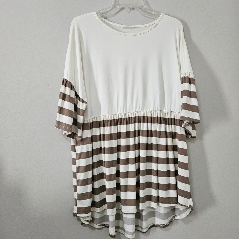 Reborn J Womens Babydoll Tunic Top Medium Brown Cream Striped Bell Sleeve T8381